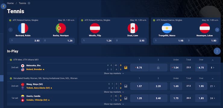 A screenshot of the tennis betting options at Jackpoty online betting site in Canada